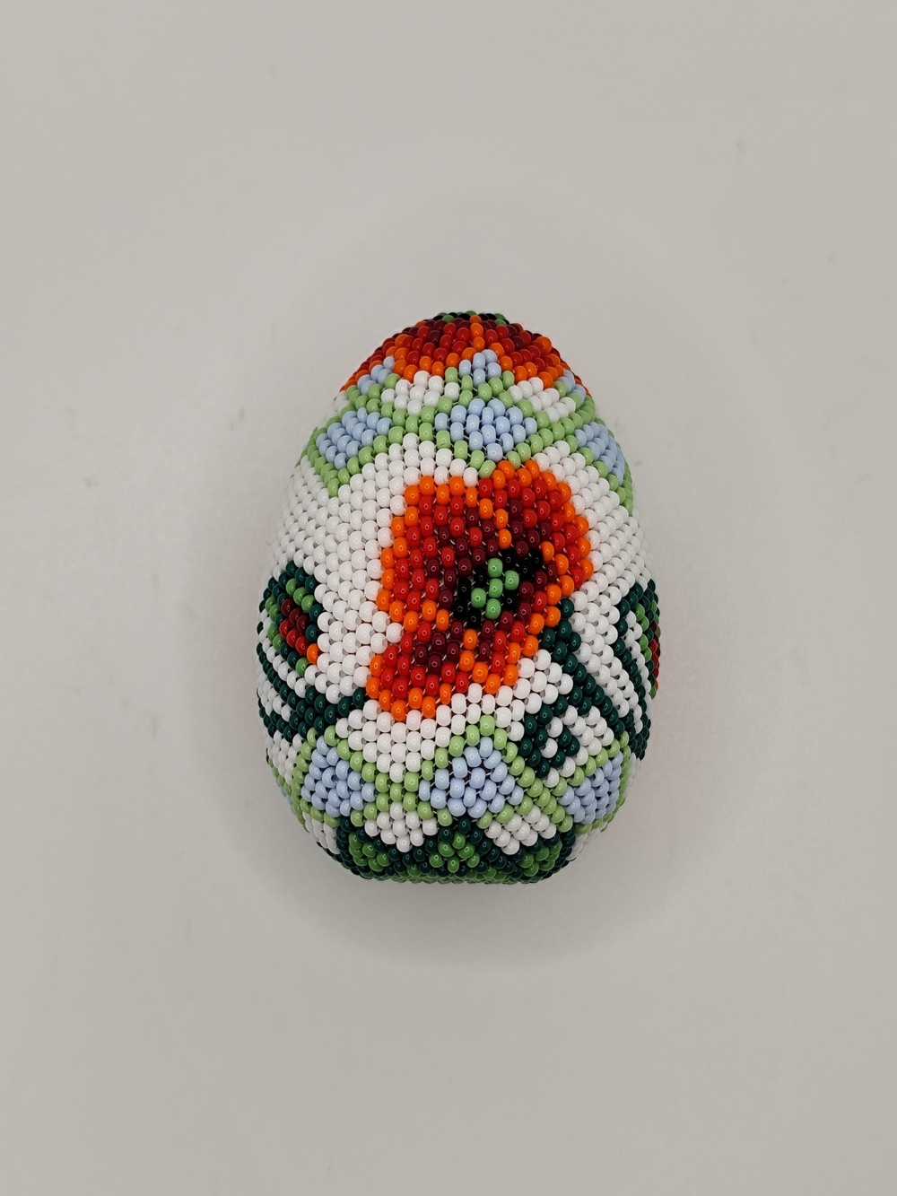 Handcrafted Beaded Egg Ornament - White, Red & Green Floral Design